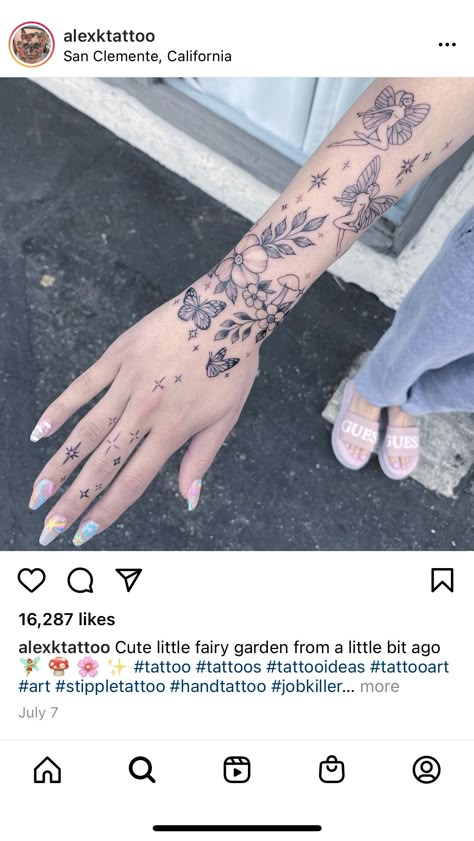 Garden Forearm Tattoo, Whimsical Disney Tattoo, Garden Fairy Tattoo Sleeve, Cottagecore Arm Tattoo, Feminine Tattoos Black And Grey, Whimsical Tattoo Arm Sleeve, Fairy Shoulder Tattoo For Women, Whimsical Tattoo Sleeve Ideas, Arm Wrap Around Tattoos For Women