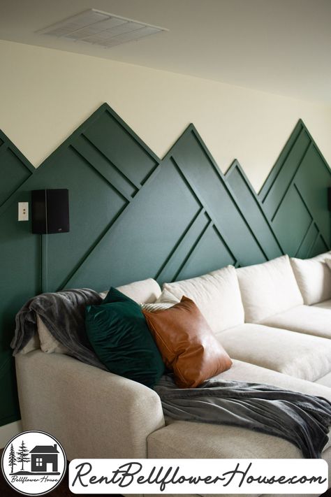 Feature Wall Mountains, Mountain Tape Wall, Wood Trim Accent Wall Mountains, Mountain Panel Wall, Mountain Wainscotting, Painted Triangle Accent Wall, Green Mountain Accent Wall, Mountain Wall Bedroom, Mountain Wall Wood