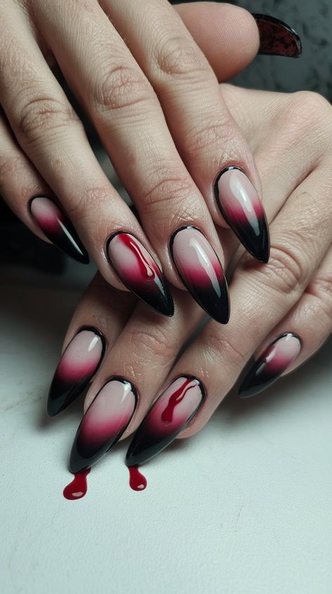 Elevate your Halloween look with these gory glam acrylic nails! The blood-like streaks create a dramatic effect that’s perfect for parties or haunted house adventures. Don’t forget to snap a selfie and show off this fierce nail art—your friends will be obsessed! #nailsdesign #acrylicnails #halloweenvibes #halloweennails #octobernils Halloween Nails Creepy, Glam Acrylic Nails, Gory Nails, Creepy Nails, Blood Nails, Vampire Nails, Splatter Nails, Diy Nail Designs, Halloween Looks