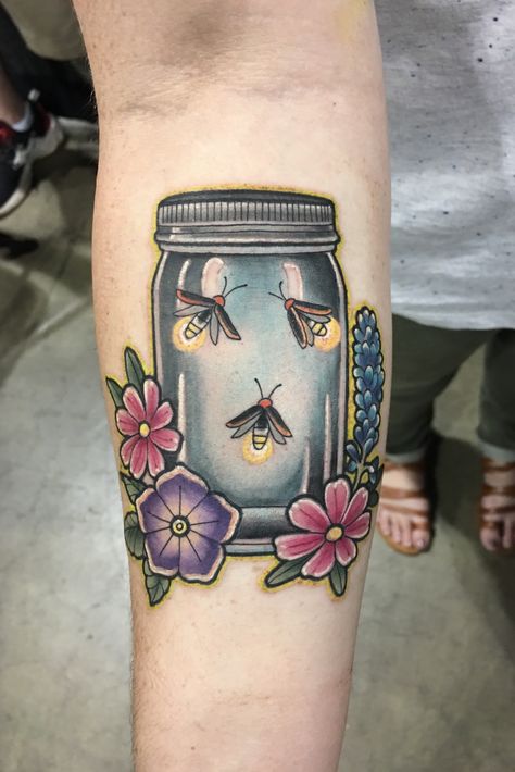 Canning Tattoo, Jar Of Fireflies Tattoo, Fireflies Tattoo Ideas, Fire Flies Tattoos, Firefly And Star Tattoo, Firefly Tattoo Traditional, Philadelphia Tattoo Ideas, Lightning Bugs In A Jar Tattoo, Jar Tattoo Design