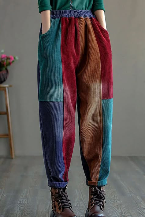 Women Colorblock Thick Corduroy Patchwork Fall Pants Corduroy Pants Patchwork, Patchwork Corduroy Pants, Cool Pants Women, Corduroy Clothes, Upcycle Pants, Corduroy Patchwork, Pants Ideas, Patchwork Ideas, Thick Pants