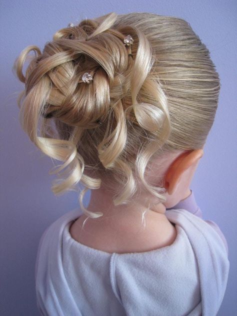 http://www.babesinhairland.com/2011/04/feather-braided-bun-2.html Kids Hair Styles For Wedding, Kids Up Do, Flower Girl Bun Hairstyles, Junior Bridesmaid Hair Updo, Updo With Tiara, Kids Wedding Hairstyles, High Bun Braid, Wedding Hairstyles For Kids, Girls Updo Hairstyles