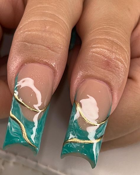 🌊 💛 . . Want this look? Book “Art set” and add on tier 2 . . Nails of instagram, blue nails, gold nails, Austin nails, Austin Texas, atx Gold And Teal Nails, Austin Nails, Teal And Gold Nails, Teal Acrylic Nails, Teal Nails, Turquoise Nails, Nails Gold, Short Square Acrylic Nails, 22nd Birthday