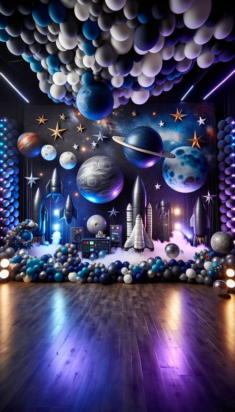 🎈 20 Creative Balloon Decorating Ideas for Every Occasion 🎉 - Laugh Lore Nasa Party Ideas Space Theme, Cosmos Birthday Party, Event Theme Ideas Creative, Futuristic Decorations Event, Futuristic Theme Party, Futuristic Party Theme, Space Theme Decorations, Futuristic Decoration, Space Theme Birthday Party