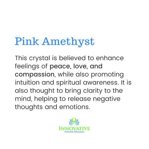 💖 𝗣𝗜𝗡𝗞 𝗔𝗠𝗘𝗧𝗛𝗬𝗦𝗧 💖 Pink Amethyst is a rare and stunning variation of the Amethyst crystal, known for its delicate pink hue. This crystal is believed to enhance feelings of peace, love, and compassion, while also promoting intuition and spiritual awareness. Pink Amethyst is also thought to bring clarity to the mind, helping to release negative thoughts and emotions. #pinkamethyst #crystalfacts #crystalmeaning #crystalshop #ilovecrystals Pink Amethyst Meaning, Amethyst Meaning, Love And Compassion, Baby Witch, Crystal Meanings, Spiritual Awareness, Pink Amethyst, Crystal Shop, Negative Thoughts