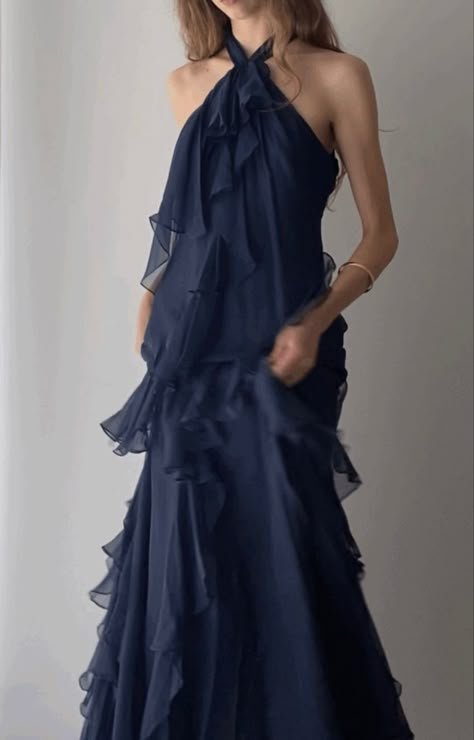 Prom Dress Waterfall, Blue Ruffle Dress Long, Indy Blue Bridesmaids, Blue Tiered Ruffle Dress, Dark Blue Silk Bridesmaid Dresses, Navy Blue Dresses Prom, Dark Blue Wedding Guest Dress, Dresses For Pale Skin, Navy Blue Maxi Dress Outfit