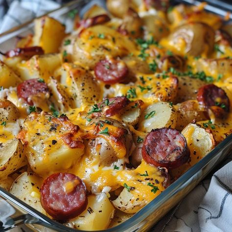 🍲🧀 Craving comfort? Try Cheesy Ranch Potatoes and Sausage! Hearty, cheesy, and irresistible. #CheesyRanchPotatoes #ComfortFood Cheesy Ranch Potatoes and Sausage Recipe 🌟 Ingredients: 500g potatoes, diced 300g smoked sausage, sliced 1 packet ranch seasoning mix (about 30g) 200g cheddar cheese, shredded 100g mozzarella cheese, shredded 100ml heavy cream 30ml olive oil 5g paprika 5g garlic powder Salt and pepper to taste Fresh parsley, chopped (for garnish) Instructions: Preheat and prepare:... Essen, Potatoes And Sausage, Cheesy Ranch Potatoes, Cheesy Ranch, Ranch Potatoes, Ranch Seasoning Mix, Twisted Recipes, Sausage Recipe, Easy Seafood Recipes