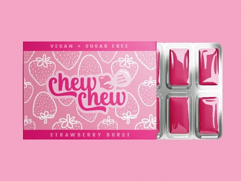 Gum packaging mockups for chew Chew! Passion project of mine. I love pink 😍 Happydent Chewing Gum, Bubble Gum Packaging Design, Bubble Gum Packaging, Bubble Gum Branding, Chewing Gum Packaging Design, Y2k Packaging Design, Bubblegum Packaging, Gum Packaging Design, Y2k Packaging