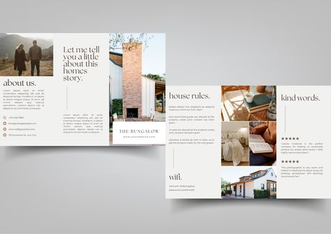 AirBnB, Vacation Rental, Holiday Home | Guest Brochure | Personalize with your details! Tiny House Rentals, Property Brochures, Property Owner, Flat Rent, Holiday Rental, Brochure Template, House Rental, Holiday Home, Stationery Design