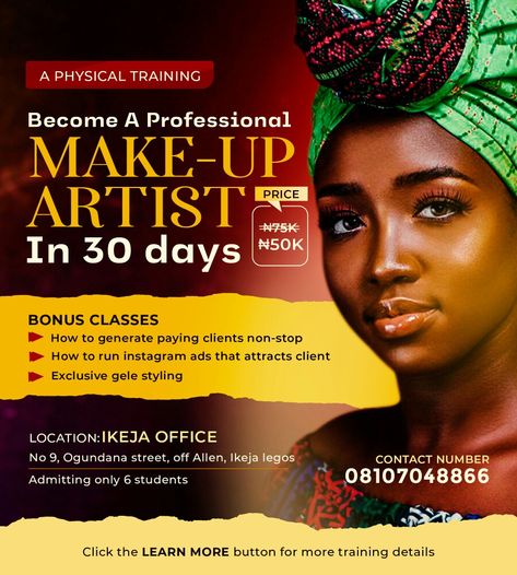 A professional flyer design for a makeup artist trying class Training Flyer Design, Professional Flyer Design, Makeup Training, Flyer Design Inspiration, Makeup Class, Class Design, Day Makeup, Instagram Ads, Social Media Design Graphics