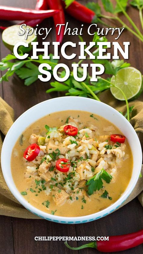 Spicy Thai Chicken Soup, Spicy Thai Curry, Chicken Coconut Milk, Thai Chicken Curry Soup, Curry Chicken Soup, Thai Curry Chicken, Spicy Soup Recipes, Thai Soup Recipes, Chicken And Sweetcorn Soup