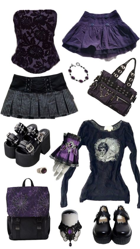 Purple Rockstar Outfit, Kitty Cheshire Outfits, Casual Romantic Goth, Purple Aesthetic Outfit Grunge, Whismgoth Outfits, Whimsigoth Aesthetic Outfits, Purple Goth Outfits, Black And Purple Outfit, Draculaura Aesthetic Outfit