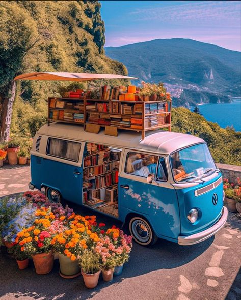 #books Bright Color Decor, Old School Bus, Mobile Library, Bookstore Cafe, Library Bookcase, Dream Library, Combi Volkswagen, Vw Vintage, Book Cafe