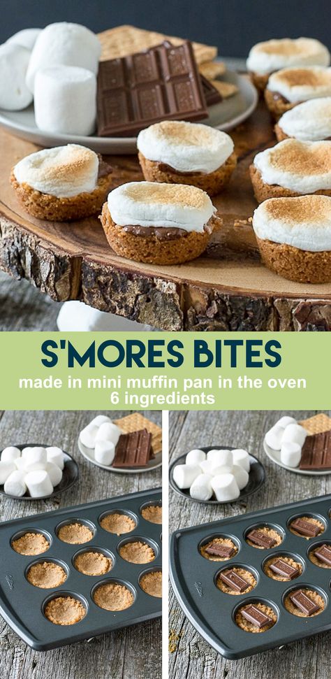 S'mores Bites - a twist on the classic dessert, make these little S'mores Bites in the oven! #smores #smoresbites #indoorsmores #muffinpansmores Oven Smores, Smores Bites, Smores Dessert, Potluck Desserts, Healthy Sweet Snacks, S'mores, Köstliche Desserts, Classic Desserts, S Mores