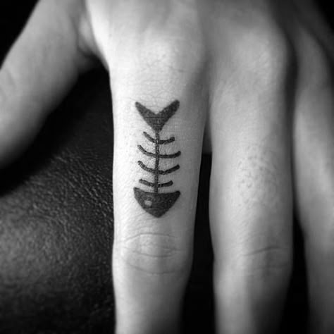 Tiny Mens Fish Skeleton Black Ink Finger Tattoos Cool Small Drawings Tattoo Ideas, Fish Skeleton Tattoo, Fishbone Tattoo, Fish Bone Tattoo, Tiny Finger Tattoos, Skeleton Tattoo, Stick Poke, Finger Tattoo Designs, Fish Skeleton