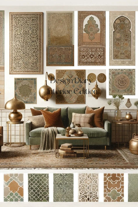 Enjoy this Traditional & Moroccan Inspired, Interior Design Mood Board😃 Morrocon Interiors Tiles, Marocco Interior Design Modern, Traditional Mood Board Interior Design, Arabic Mood Board, Arabesque Interior Design, Morocco Design Interior, Moroccan Inspired Home, Moroccan Colour Palette, Moroccan Interior Design Bedroom