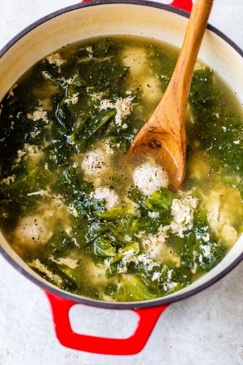 Italian Wedding Soup with Escarole Soup With Escarole, Escarole Soup, Ground Turkey Meatballs, Italian Wedding Soup Recipe, Wedding Soup, Dark Leafy Greens, Italian Soup, Best Soup Recipes, Cozy Meals