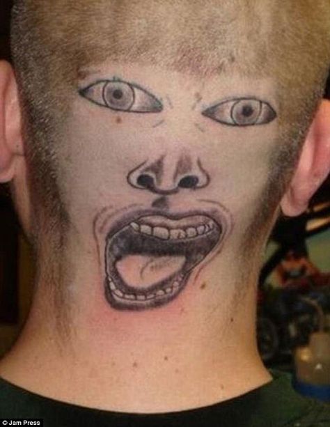 While most of the tattoos are hidden away in beneath clothing, this man's monstrosity is o... Worlds Worst Tattoos, Strange Tattoos, Tato Grunge, Tato Geisha, Dumbest Tattoos, Awful Tattoos, Tattoos Gone Wrong, Terrible Tattoos, Horrible Tattoos