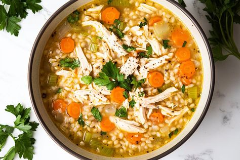 Savory Chicken Barley Soup Chicken And Barley Soup, Soup With Barley, Chicken Barley, Chicken Barley Soup, Barley Recipe, Beef Barley Soup, Chicken Veggies, Barley Soup, Savory Chicken