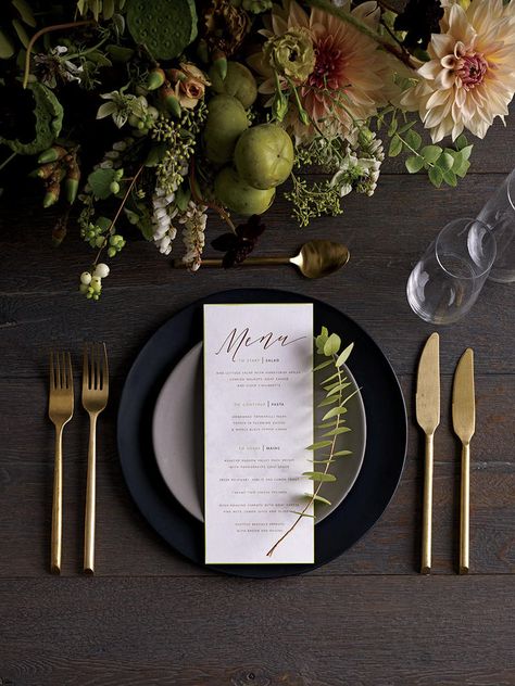 A harmony of polish and panache is perfectly suited for two gentlemen. Minimalist Place Setting, Masculine Wedding, Wedding Table Menus, Gay Wedding, Wedding Table Centerpieces, Place Setting, Wedding Menu, Flower Centerpieces, Wedding Themes