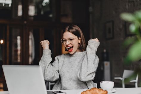 Happy woman in glasses makes winning ges... | Free Photo #Freepik #freephoto #coffee #city #computer #phone Lipstick Dress, Career Woman, Future Career, Working Woman, Happy Women, Womens Glasses, Cute Woman, Gray Dress, Better Life