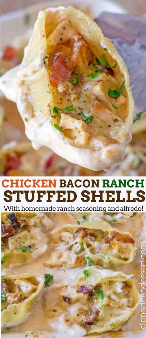 Chicken Bacon Ranch Stuffed Shells made with homemade ranch seasoning, chicken and bacon in a quick and easy ranch alfredo sauce. | #bacon #chickenbaconranch #ranch #chickenpasta #stuffedshells #easypastarecipe #easystuffedshells #crackchicken #weeknightmeals #casserole #dinner #creamychicken Thermomix, Chicken Ranch Stuffed Shells, Chicken Bacon Ranch Shells, Stuffed Shell Ideas, Ranch Seasoning Chicken, Stuffed Shells Recipe Easy, Seasoning Chicken, Chicken Stuffed Shells, Homemade Ranch Seasoning