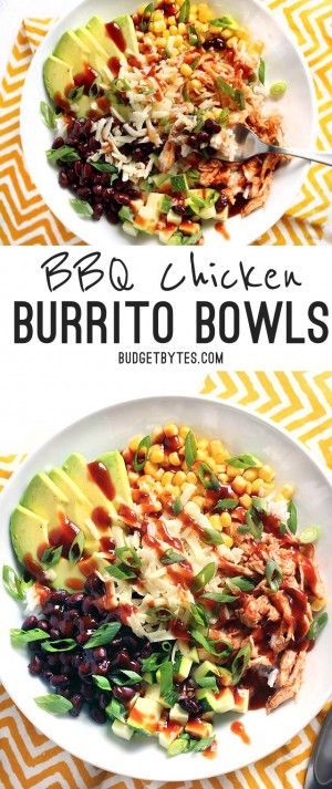 BBQ Chicken Burrito Bowls are an easy, customizable lunch option that is great both hot or cold! BudgetBytes.com Burrito Bowl Meal Prep, Chicken Burrito Bowls, Chicken Burrito, Budget Bytes, Chicken Burrito Bowl, Burrito Bowls, Lunch Bowl, Healthy Bowls, Chicken Burritos