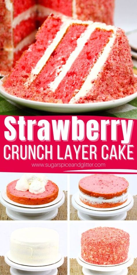 Strawberry Crunch Cake is a decadent Strawberry Layer Cake inspired by the nostalgic flavors of a Good Humour Strawberry Crunch Bar with it's crunchy crumb coating, vanilla frosting and fluffy strawberry cake layers. Strawberry Crunch Cake Birthday Cake, Good Humor Strawberry Shortcake Cake, Captain Crunch Cake, Homemade Strawberry Crunch Cake, Strawberry Lemon Crunch Cake, Strawberry Crunch Bundt Cake, Homemade Strawberry Cake From Scratch, Fluffy Strawberry Cake, Strawberry Crunch Cake Recipe