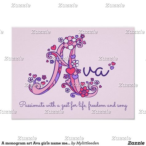 A monogram art Ava girls name meaning poster designed by Sarah Trett for www.mylittleeden.com #ava #namemeanings #nurseryart #girlsposters Purple Baby Nursery, Monogram Hearts, Monogram Art, Baby Nursery Art, Heart Doodle, Baby Girl Art, Cute Poster, Kids Poster, Name Art