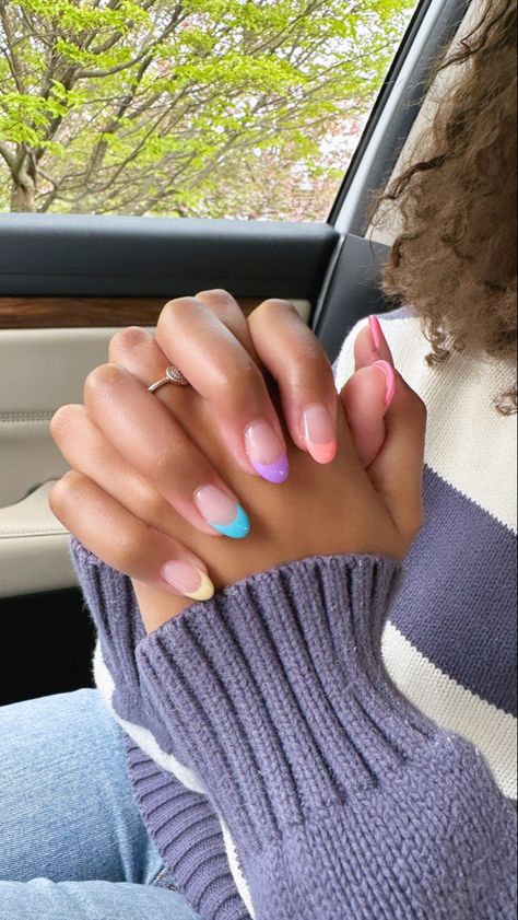 Multi Colored Nails Tips, Multicolor Nails French Tips, Spring One Color Nails, Short Round Nail Ideas Spring, Oval Nails Summer Colors, French Tip Nails With Different Colors, Almond French Tip Nails Color Summer, French Different Color Nails, Pastel Round Nails