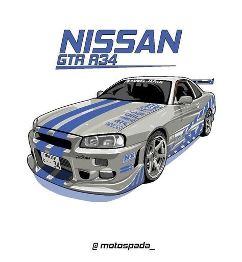 Car Drawing Nissan Gtr, Cars Posters Aesthetic, Fast And Furious Cartoon, Nissan Gtr R34 Drawing, Skyline Drawing Car, Nissan Gtr Skyline Drawing, Nissan Skyline Poster, Cool Car Posters, Nissan Skyline Drawing