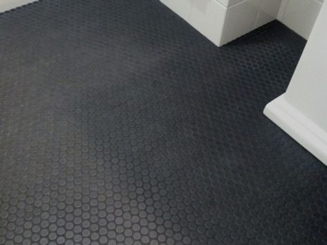 Black Penny Tile Floor, Black Tile Grout, Penny Tiles Bathroom Floor, Black Penny Tile, Penny Round Tile Bathroom, Penny Tile Floor, Penny Tile Bathroom Floor, Penny Tiles Bathroom, Penny Tiles