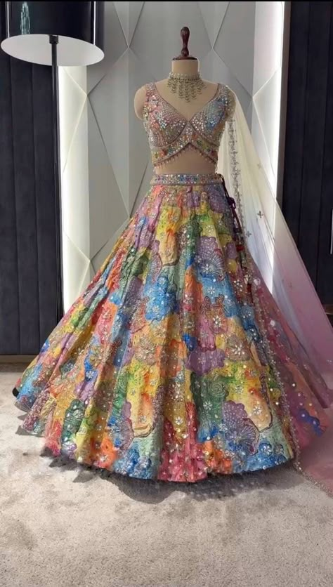 Multicolour Lehenga, Lehenga With Mirror Work, Multi Color Lehenga, Lehenga Type, Flared Lehenga, Latest Bridal Lehenga Designs, Haldi Dress, Butterfly Net, Wedding Dress Bustle