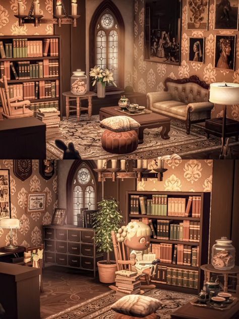 Acnh Vintage Living Room, Acnh Happy Home Paradise Fairy Tale, Acnh Hhp Library, Acnh Museum Library, Villager Home Ideas Acnh, Acnh Fireplace Design Code, Acnh Villagers Interior, Acnh Hhp Interior Ideas, Acnh Fall Home Interior