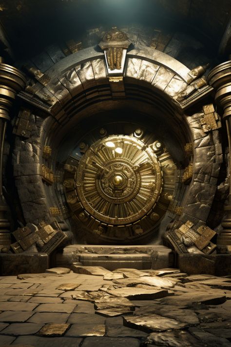 Try this in Midjourney : imagine a vault filled with gold bars and jewels. The vault is ancient stone and mystical in appearance. The vault has one entrance and one exit. The style is in old renaissance. Fantasy Vault Art, Fantasy Vault, Stone Concept Art, Room Of Requirement, Magic Steampunk, Gold Vault, Stone City, Vault Doors, Invisible String