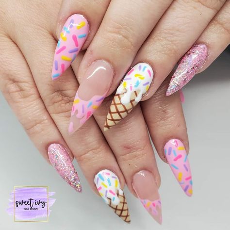 Sprinkle Nails Acrylic, Ice Cream Cone Nail Art, Cmyk Nails, Dessert Nails Designs, Candy Theme Nails, Sprinkle Nail Art, Birthday Themed Nails, Ice Cream Nails Designs, Food Nails Designs