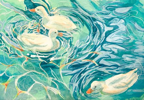 Duck Gouache Painting, Painting Pair Ideas, Water Gouache Painting, Calming Drawings, Himi Gouache Painting, Fish Gouache, Himi Gouache Art, Gouache Water, Duck Watercolor