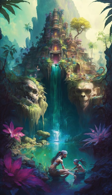 Tropical paradise oasis poster art, Mayan paradise, paradise fantasy poster art, by Groucho on Midjourney, Jeramondo Hawaii Fantasy Art, Fantasy Tropical Forest, Paradise Fantasy Art, Mayan Fantasy Art, Tropical Fantasy Art, Fantasy Jungle, Jungle Temple, Lost Paradise, Dragon City