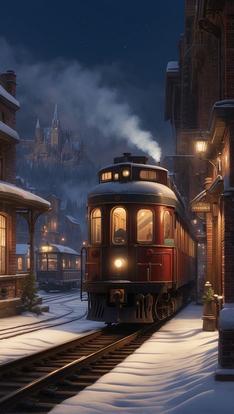 Holiday, Christmas, New Year 2023 Winter Scenes Wonderland, Snowy Town, Town At Night, Train Wallpaper, Rain Wallpapers, Christmas Scenery, Winter Illustration, Train Art, Merry Christmas Images