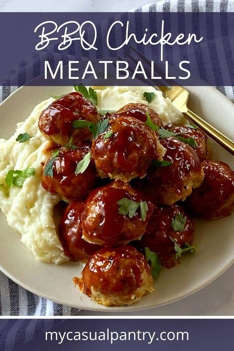 BBQ chicken meatballs with mashed potatoes on a plate. Bbq Chicken Meatballs, Ground Chicken Meatballs, Buffalo Chicken Meatballs, Meatball Recipes Easy, Bbq Sauce Homemade, Homemade Bbq, Chicken Meatballs, Ground Chicken, Meatball Recipes