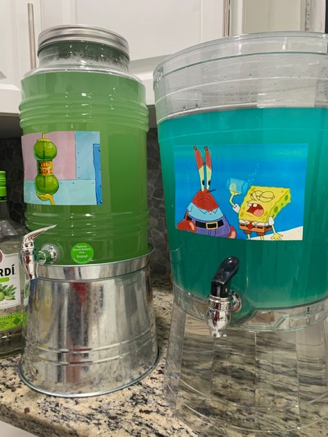 Kelp Juice Drink Spongebob, Diet Dr Kelp Spongebob, Kelp Juice Spongebob, Sponge Bob Birthday Party Ideas For Adults, Spongebob Themed Wedding, Spongebob Treats Diy, Spongebob Birthday Activities, Spongebob Bachelorette Theme, Spongebob Diy Party Decorations