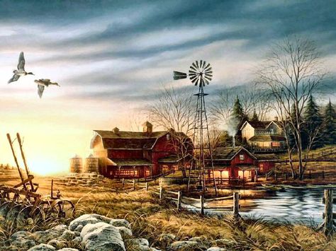 Painter Terry Redlin - Would love to have a red kitchen with barn art for every season on the wall ... Terry Redlin Paintings, Farm Prints, Terry Redlin, Farm Scenes, Farm Paintings, Barn Painting, Barn Art, Farm Art, Wildlife Paintings