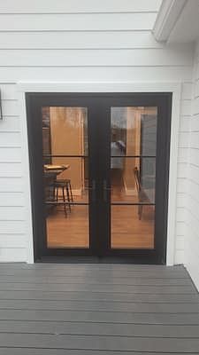 Pella French Doors Patio, Pella Patio Doors, Alternative To French Doors, Patio French Door Ideas, Black French Doors Exterior Patio, Patio Doors Ideas, Farmhouse French Doors, French Doors To Deck, Sliding French Doors Patio