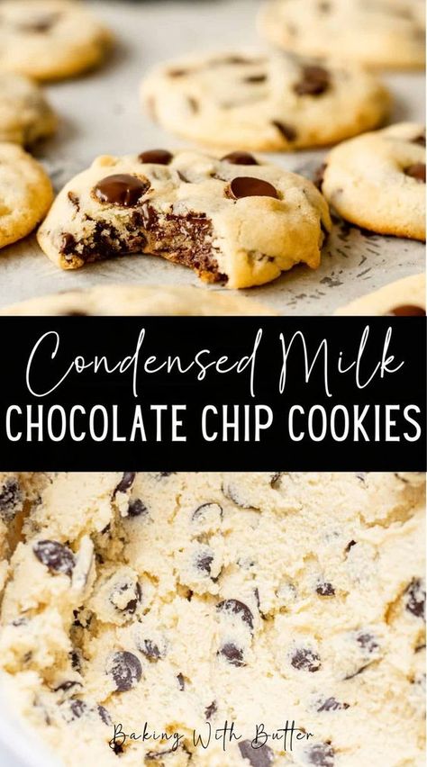 These chewy condensed milk chocolate chip cookies are deliciously chewy. Super quick to make and full of melted, gooey chocolate chips. This recipe makes chewy cookies without the need for eggs. The condensed milk works as both an egg replacer in the cookie and brings fat and moisture to the dough which lends itself to a nice chewy cookie. Cookie Recipes Condensed Milk, Recipes Using Condensed Milk, Condensed Milk Cookies, Milk Chocolate Chip Cookies, Sweet Condensed Milk, Milk Dessert, Condensed Milk Recipes, Shortbread Cookie, Delicious Cookie Recipes