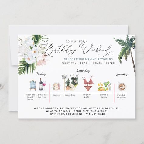 Birthday Weekend Itinerary  Palm Beach Invitation  Zazzle Birthday Weekend Itinerary, Wedding Weekend Itinerary, Beach Invitations, Bachelorette Weekend Itinerary, Bridal Brunch Invitations, 40 And Fabulous, Bachelorette Party Planning, Event Card, Weekend Itinerary