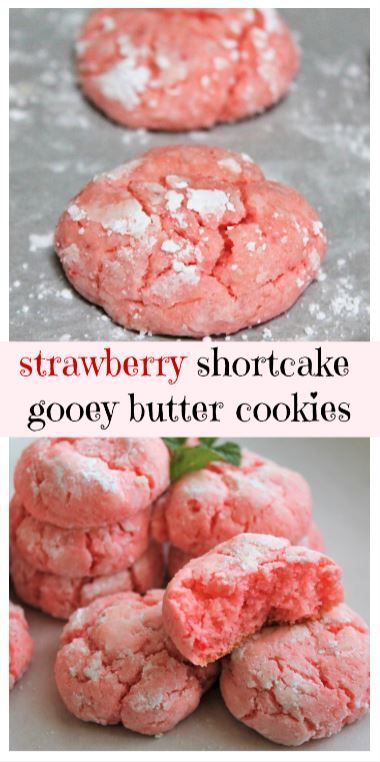 Tender, but chewy easy-to-make Strawberry Shortcake cookies.  A take on the Paula Deen cake-mix cookies. MyRecipeReviews.com  #PaulaDeen #strawberry #cookies Brownies Chewy, Shortcake Cookies, Cake Mix Brownies, Mousse Au Chocolat Torte, Strawberry Shortcake Cookies, Shortcake Biscuits, Gooey Butter Cookies, Strawberry Shortcakes, Gooey Butter