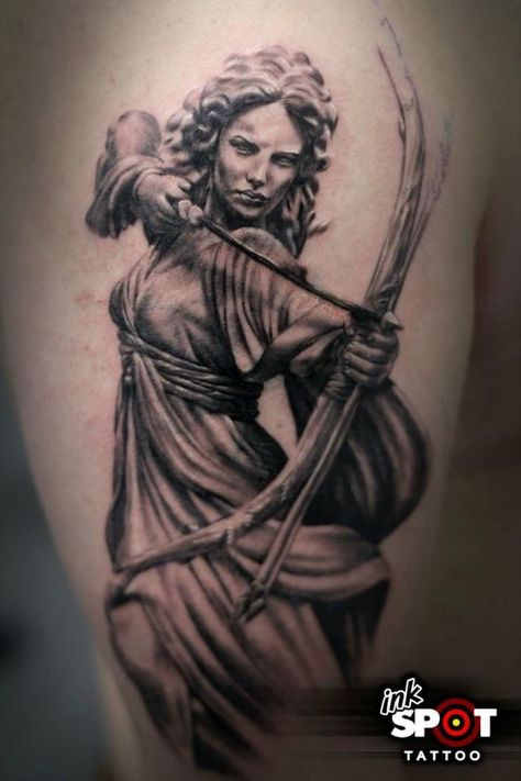 The Goddess Diana In Roman mythology, Diana was the goddess of the hunt, mythologically similar to the Greek goddess Artemis. Description from pinterest.com. I searched for this on bing.com/images Greek Goddess Tattoo, Artemis Tattoo, Archer Tattoo, Aphrodite Tattoo, Athena Tattoo, Roman Tattoo, Female Warrior Tattoo, Pagan Tattoo, Sagittarius Tattoo