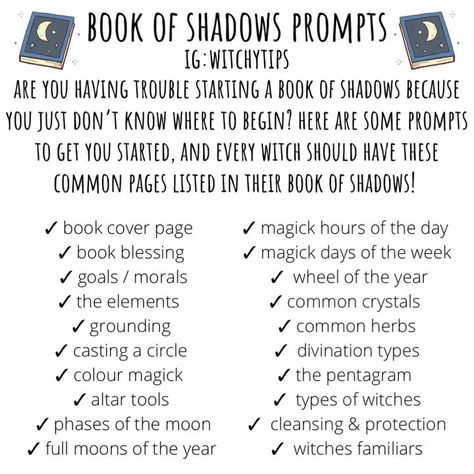 Tips for Witches Everywhere! ✨ on Instagram: “Book of Shadows prompts! It can be hard and intimidating to start a book of shadows, especially when you don’t know where to begin! Here’s…” How To Start A Spell Book, Book Of Shadows Vs Book Of Mirrors, Book Of Shadows Notes, Starting Book Of Shadows, Starting A Book Of Shadows, Book Of Shadows Art Journal Pages, What To Put In Book Of Shadows, Wiccan Book Of Shadows, Ideas For Book Of Shadows