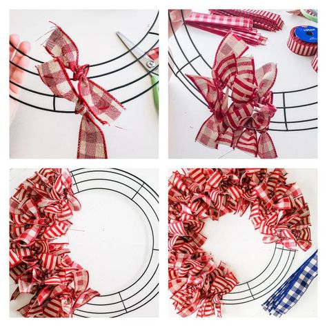 tie ribbon onto wreath form with double knot Making Ribbon Wreaths, Diy Christmas Ribbon Wreath, Wire Ribbon Wreath, Ribbon Wreath Tutorial, Ribbon Wreath Diy, Ribbon Wreath Christmas, Mesh Ribbon Wreaths, Deco Mesh Wreaths Diy, Wreath Ribbon