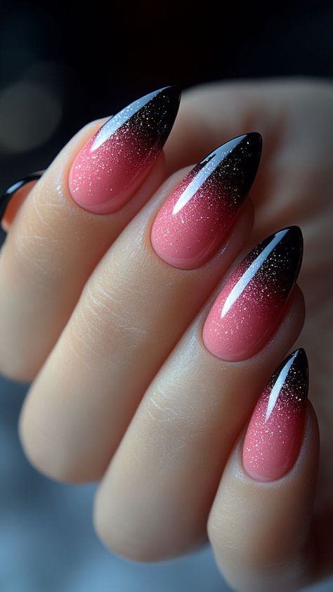 Pink Black Glitter Nails, Black Pink Ombre Nails, Black Ombre Nail Designs, Black Gel Nails Ideas, Halloween Ombre Nails, Pink Spooky Nails, Nail Designs Spooky, Halloween Nails Pink, Fall Ombre Nails